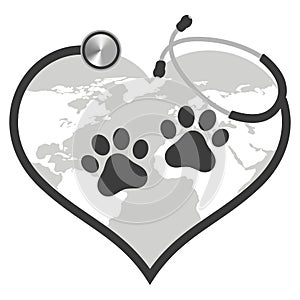 Illustration of a black stethoscope in the shape of a heart and dog paws