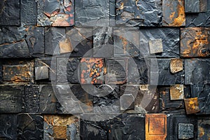 A black stone wall with different color stÃÂ¤mps in the background