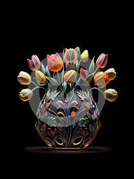 Illustration of the black vase with filigree design colorful tulip flowers, and AI-generated image