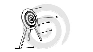 Illustration of black and white arrows that stuck inaccurately on the archery face target with three wooden legs