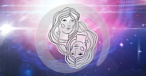 Illustration of black and white gemini zodiac star sign over stars on pink to purple background
