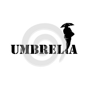 Illustration a black-and-white logo with an inscription printing letters an umbrella with the girl`s silhouette from a back with
