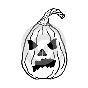 Illustration of a black and white oval scary halloween pumpkin with a wry grin on a white background