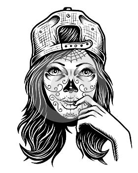 Illustration of black and white skull girl with cap on head