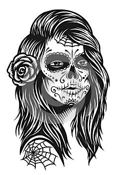 Illustration of black and white skull girl with rose in hairs