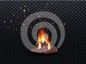 Illustration of blazing bonfire inferno fire on wood for outdoor camping or