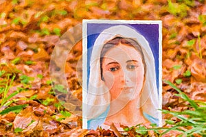 Illustration of Blessed Virgin Mary on carpet of leaves