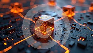 Illustration blockchain technology background. Cryptocurrency fintech block chain network programming concept. Bitcoin cube with