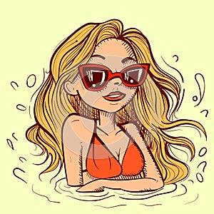 Illustration of a blonde girl wirh a red suimsuit sitting in a water pool on vacation. Vector of a woman with sunglasses