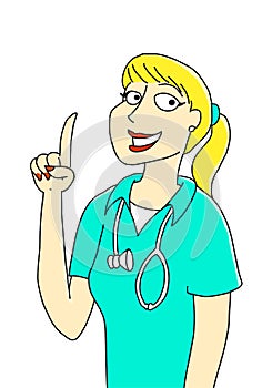 Illustration of a Blonde Nurse or Doctor with Extended Index Finger Saying Something