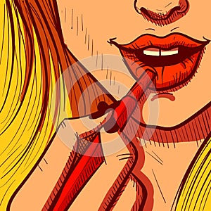 Illustration of a blonde woman\'s hand applying lipstick on her lips. Closeup vector of a girl putting on lip gloss