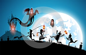 Illustration blue background,festival halloween concept,full moon on dark night with many ghost