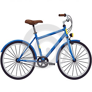 Illustration of a blue bicycle with a simple, classic design. Features include a brown