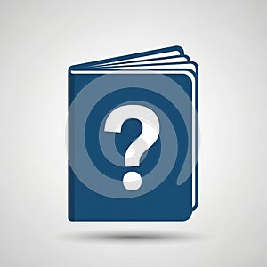 Illustration of a blue book with a large white question mark on the cover. The book is