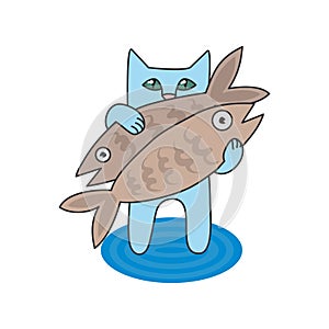 Illustration blue cat caught two fish