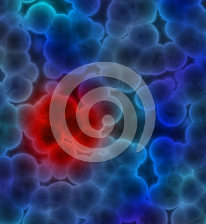 Illustration of blue cells with red cluster indicating a cancer tumor or infection photo