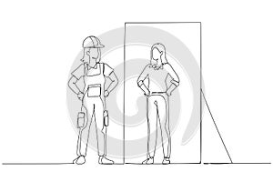 Illustration of blue collar worker looking into business woman version of self in the mirror. Single continuous line art style