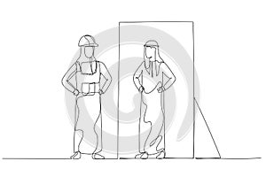 Illustration of blue collar worker looking into woman wear hijab version of self in the mirror. Continuous line art style