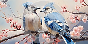 Illustration of blue jays perched in a tree