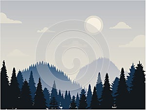 Illustration of Pine Forest in the Night. Landscape winter mountain. Vector Illustration Design