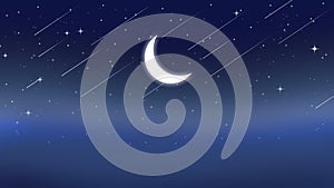 Illustration of blue sky background with starry night with crescent moon in the center