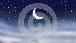 Illustration of blue sky background with starry night with crescent moon in the center