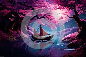 Illustration of a boat in the lake with cherry blossoms, A yacht with cherry tree sails in a deep purple pond depicted in a