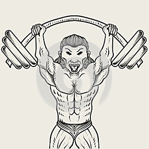 Illustration bodybuilder lifting a very heavy barbell black and white color