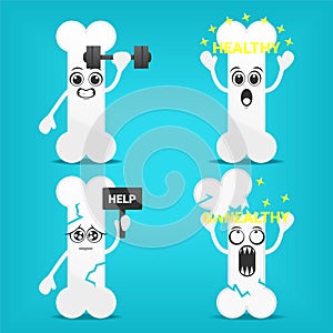 Cute bone character. Healthy and unhealthy osteoporotic bone. Illustration vector