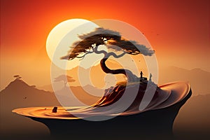 an illustration of a bonsai tree on a rock in front of a sunset