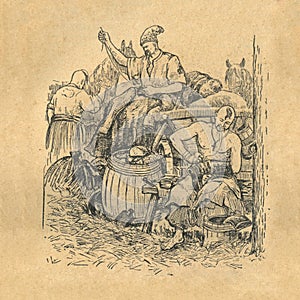 Illustration from the book Bohdan Khmelnytskyi, M. Starytskyi. CIRCA 1647: Cossacks patch and sew clothes