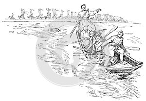 Illustration from the book Bohdan Khmelnytskyi, M. Starytskyi. CIRCA 1645: Crossing the Dnipro River at the Kodak rapids near