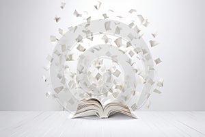 An illustration of a book with flying pages around meaning of thoughts