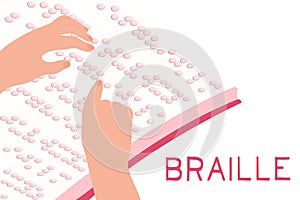Illustration of a book written in braille, hands read text