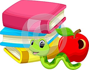 Illustration of books apple and worm