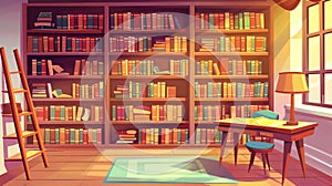 Illustration of a bookshelf in a library interior with a chair and table. Cartoon librarian with a wooden shelf in a