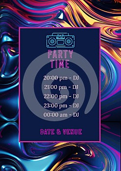 Illustration of boom box with party time, date, venue, dj and timings text on abstract background