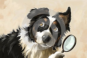 Illustration of Border Collie dog with magnifying glass in search of something funny and cute, suitable for children\'s photo