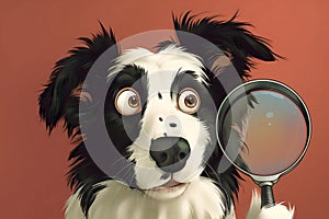 An illustration of a Border Collie with a magnifying glass in search of something cute and funny,the concept of educational photo