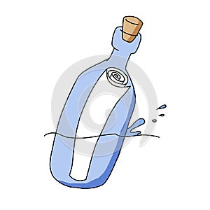 Illustration of a bottle with a message inside in the middle of the water