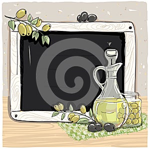 Illustration with bottle of olive oil, fresh olives and chalk blackboard