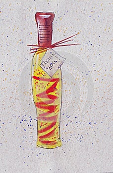 Illustration of a bottle of olive oil, wine vinegar. Different shapes, sizes, on a background on watercolor textural backgro