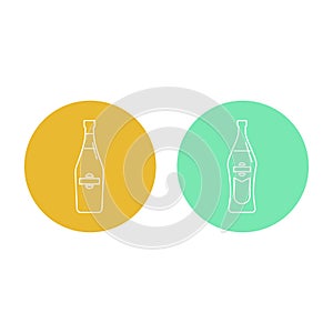 Illustration of bottle of vermouth and martini in flat style in form of thin lines. In the form of background is circle of color