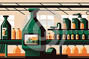 illustration of a bottling plant with bottles filled with beer moving on a conveyor belt