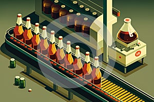 illustration of a bottling plant with bottles filled with beer moving on a conveyor belt