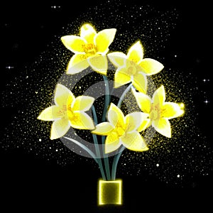 Illustration of a bouquet of yellow daffodils on a black background AI generated
