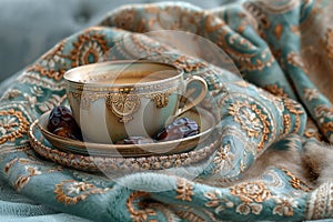 A bowl of dates, coffee and tea on a backdrop with a blanket