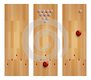 Illustration of a bowling lane collection. Set three bowling alley with pin and ball vector illustration photo