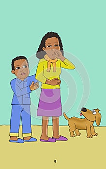 illustration of a boy accompanying his sick mother on a walk photo