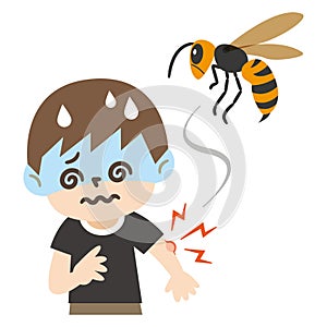 Illustration of a boy dizzy by a bee sting